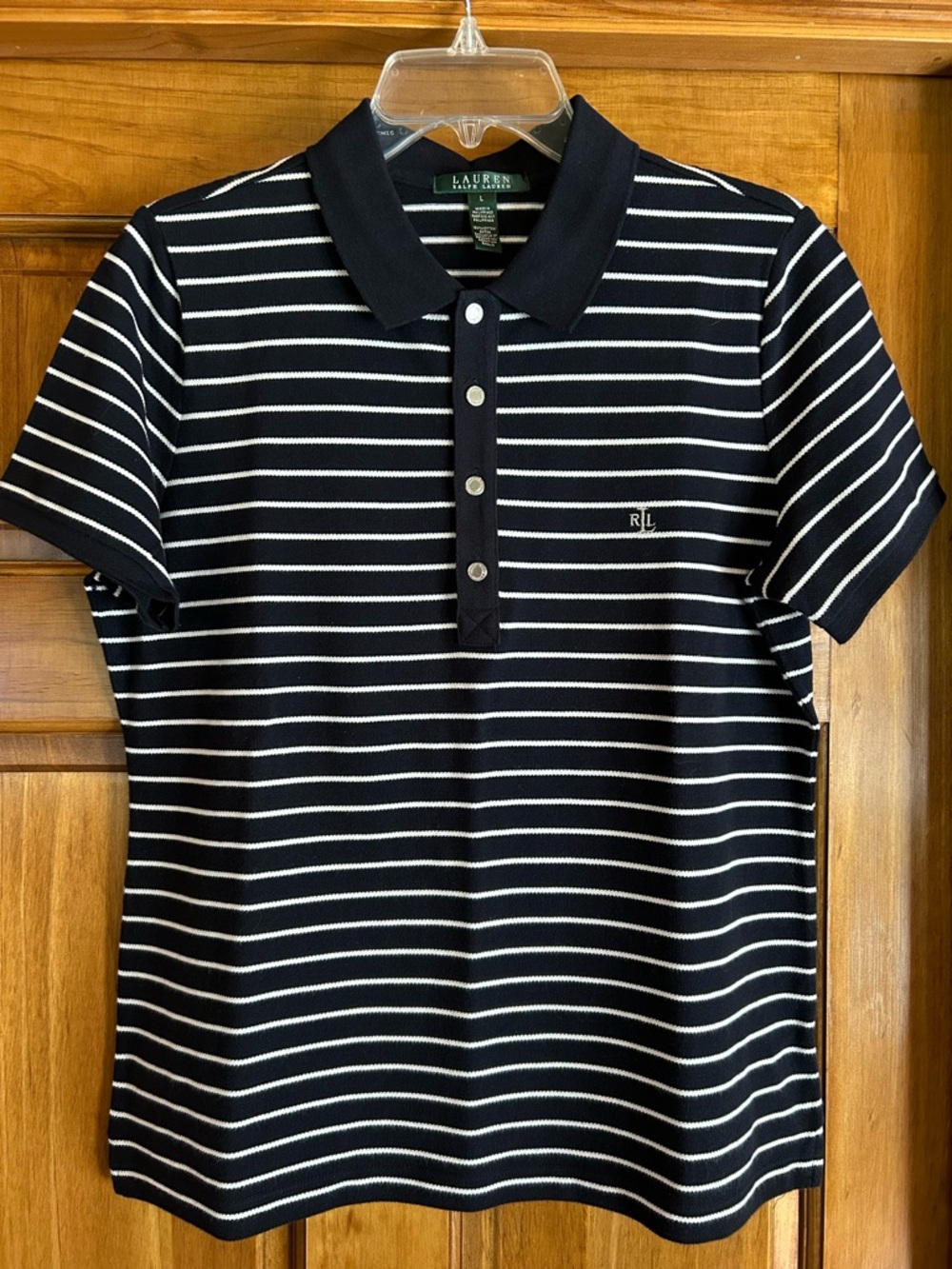 Lauren Ralph Lauren Navy and White Striped Polo Shirt - Short Sleeve